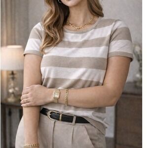 Casual Corner Beige and Cream Striped Short Sleeve Top